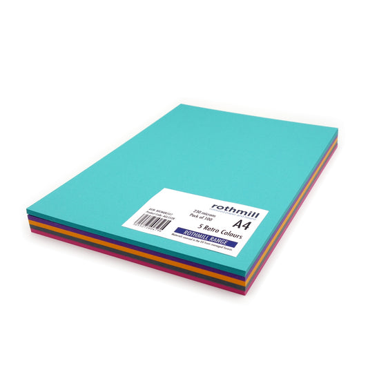 Rothmill Board | 230 microns | 175 gsm | A4 (210x297mm) | 100 sheets | 5 'Retro' Colours