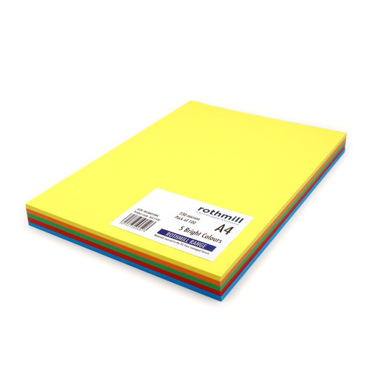 Rothmill Board | 230 microns | 175 gsm | A4 (210x297mm) | 100 sheets | 5 'Bright' Colours